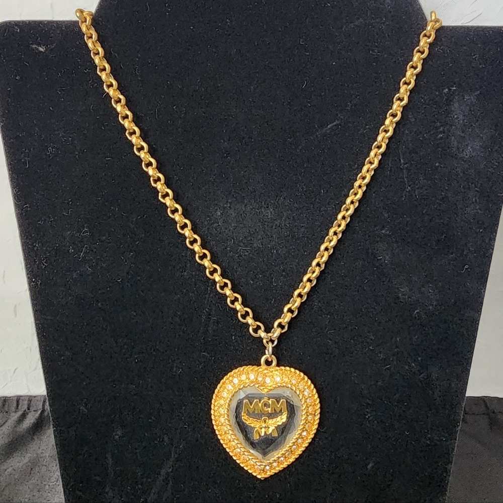 Auth 🎀 RARE MCM Heart Crystal Gold-Tone Pendant Necklace ♋️🎗